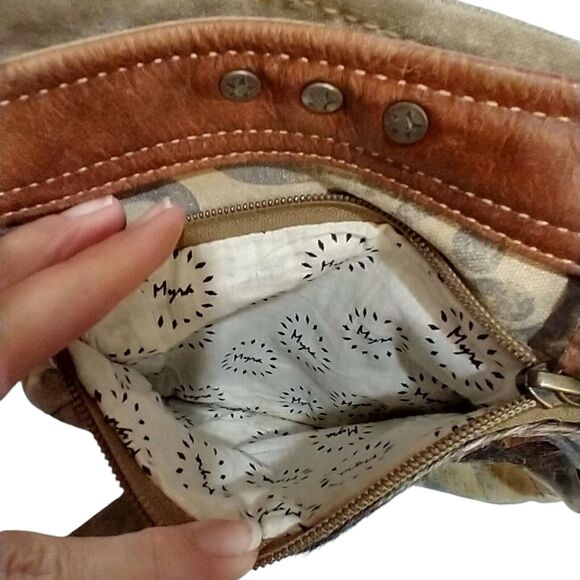 Myra Bag Composition Crossbody Purse Cowhide Leather & Canvas Western Boho - Picture 12 of 12